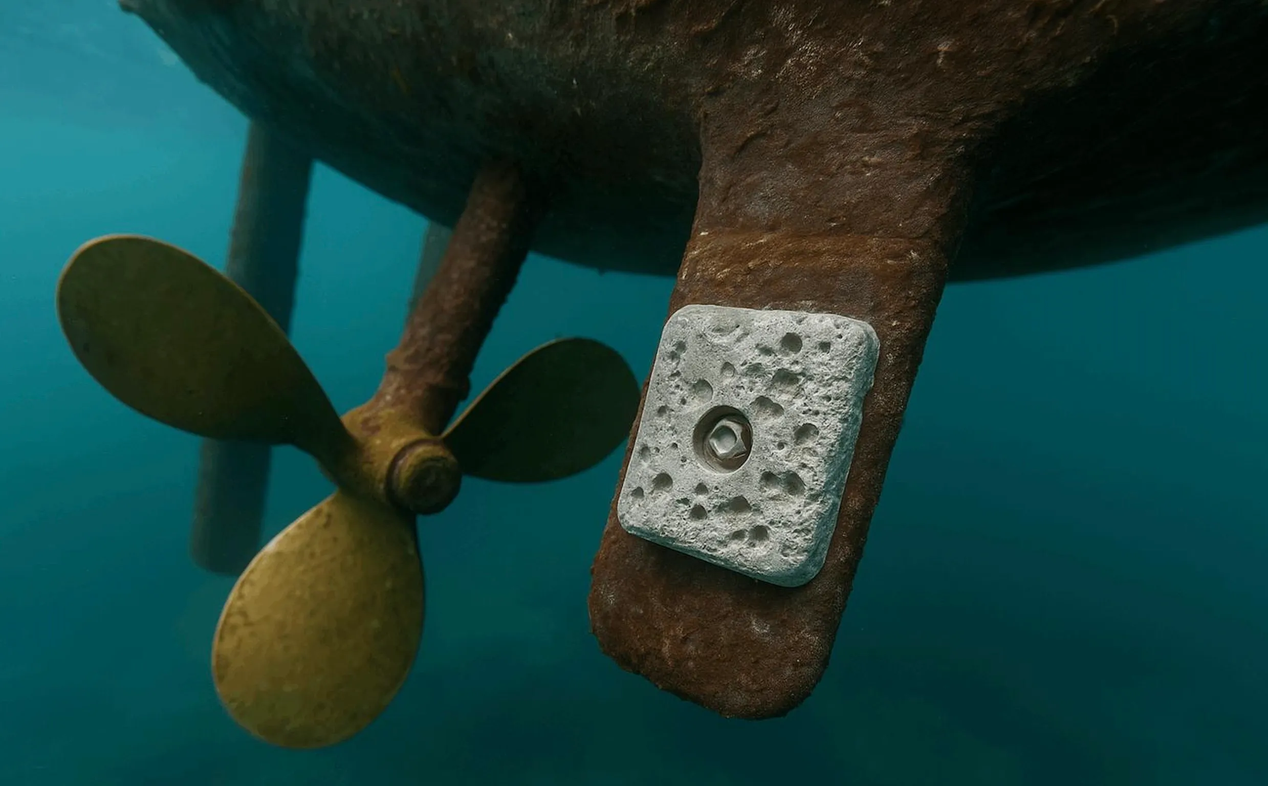Sacrificial zinc anode on a boat
